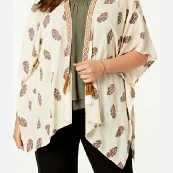 Style & Co. Open Front Cardigan Kimono 2X Tassel Beachy Vacay Travel Boho Cream - Picture 1 of 16